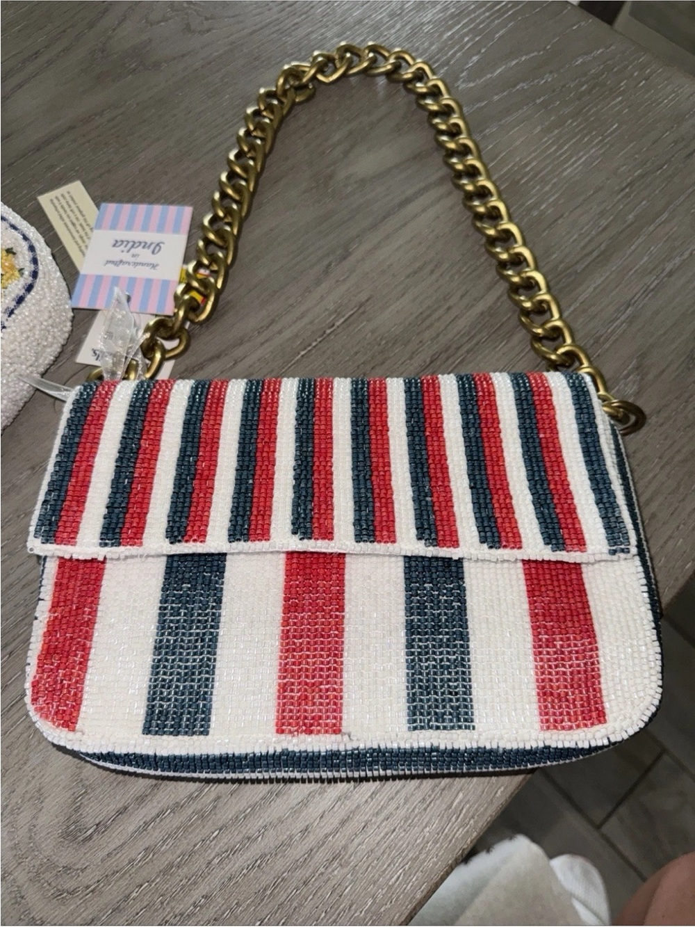 Striped Beaded Shoulder Bag with Gold Chain NWT